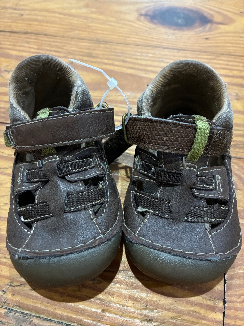 Stride Rite Brown Leather Baby Walker Shoes with Green Accent